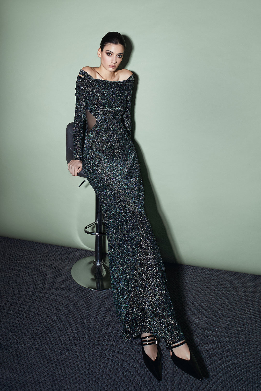 Body in jersey lurex con scollatura a barca
