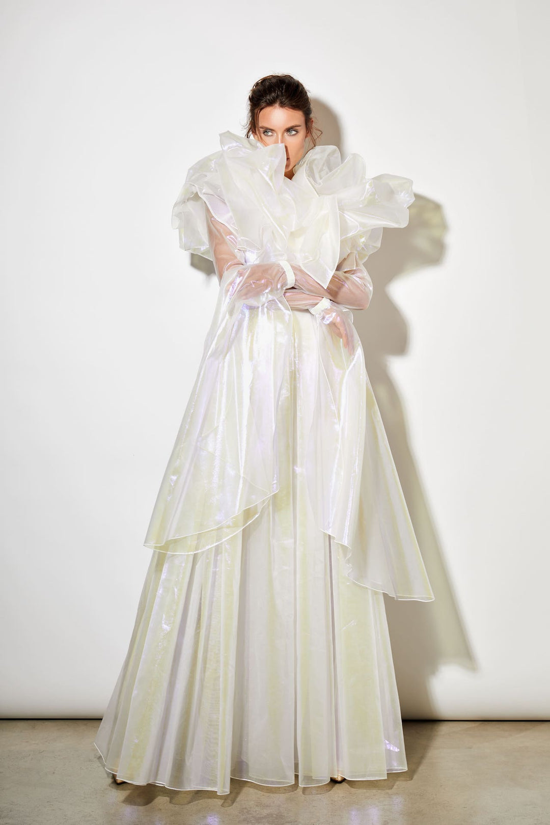 Abito lungo in organza cangiante