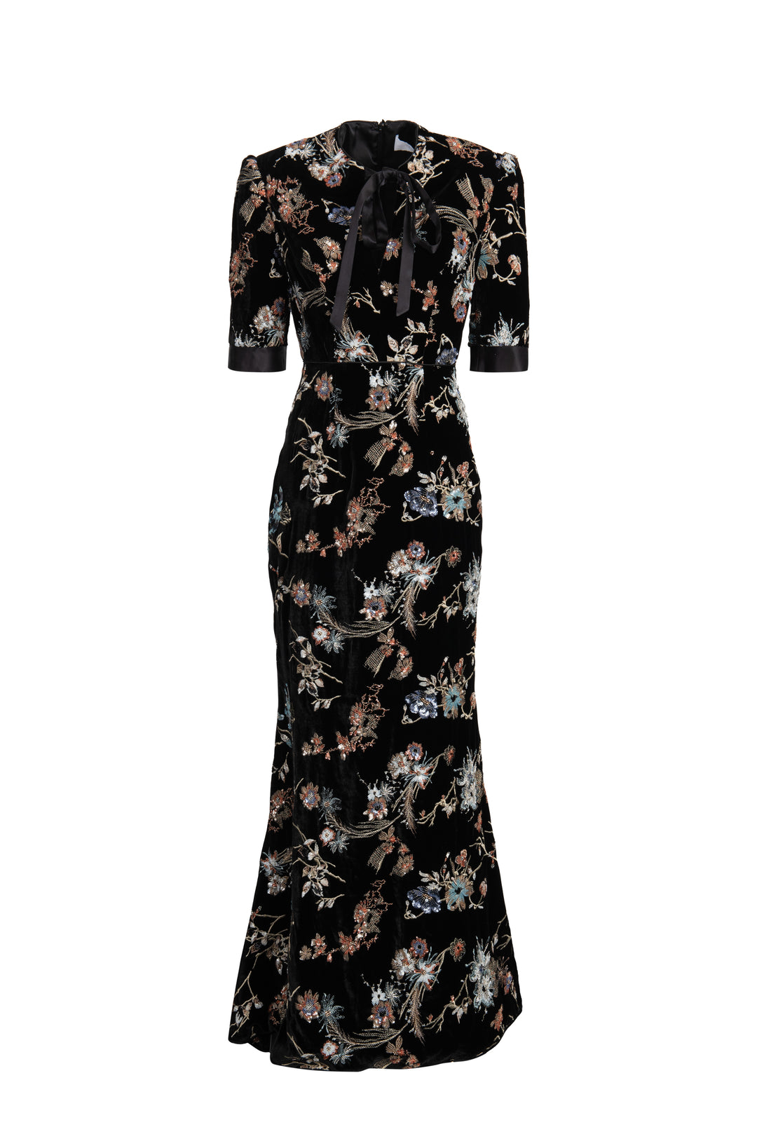 Embroidered Velvet Bow Maxi Dress