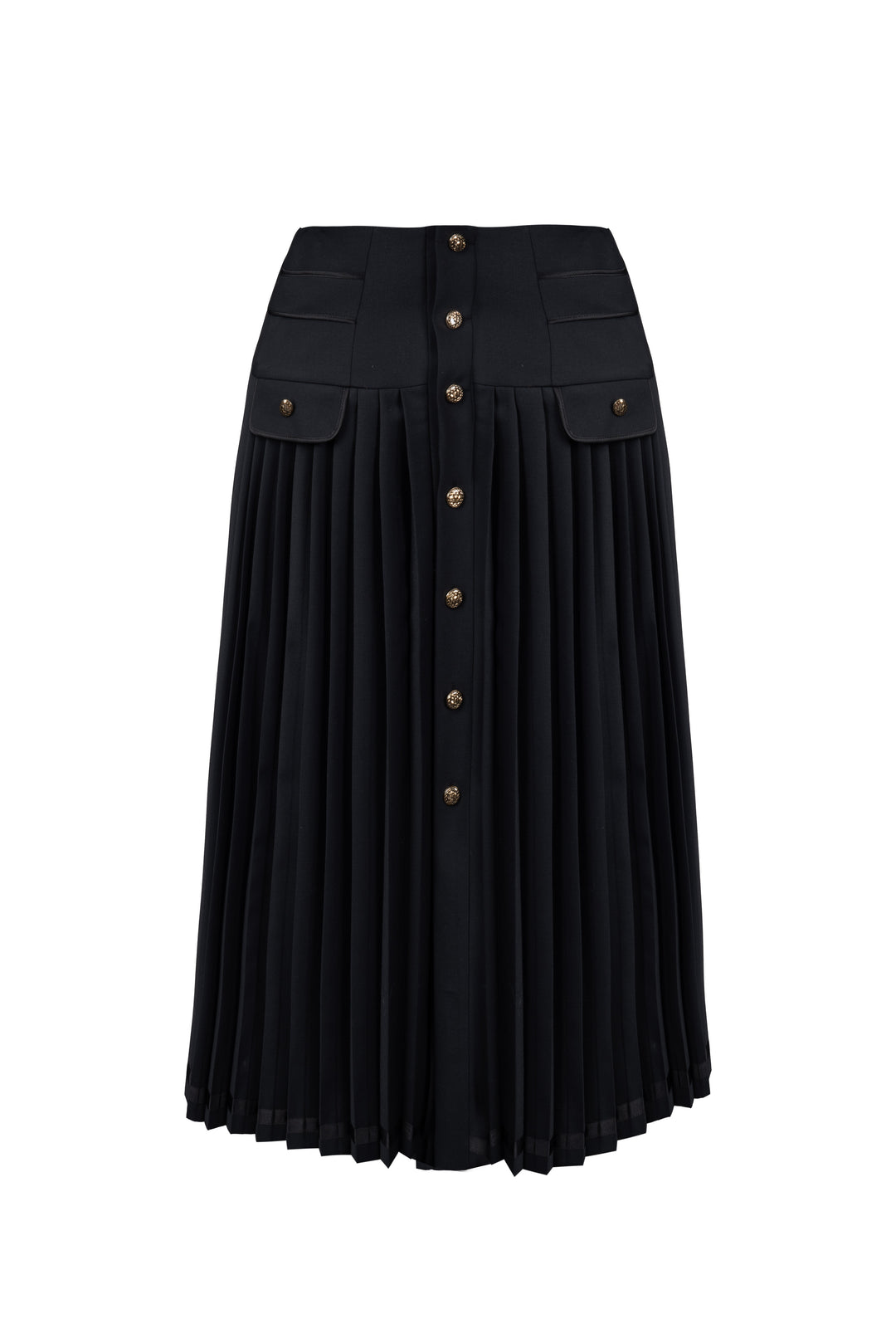 Black Pleated Wool-Blend Midi Skirt