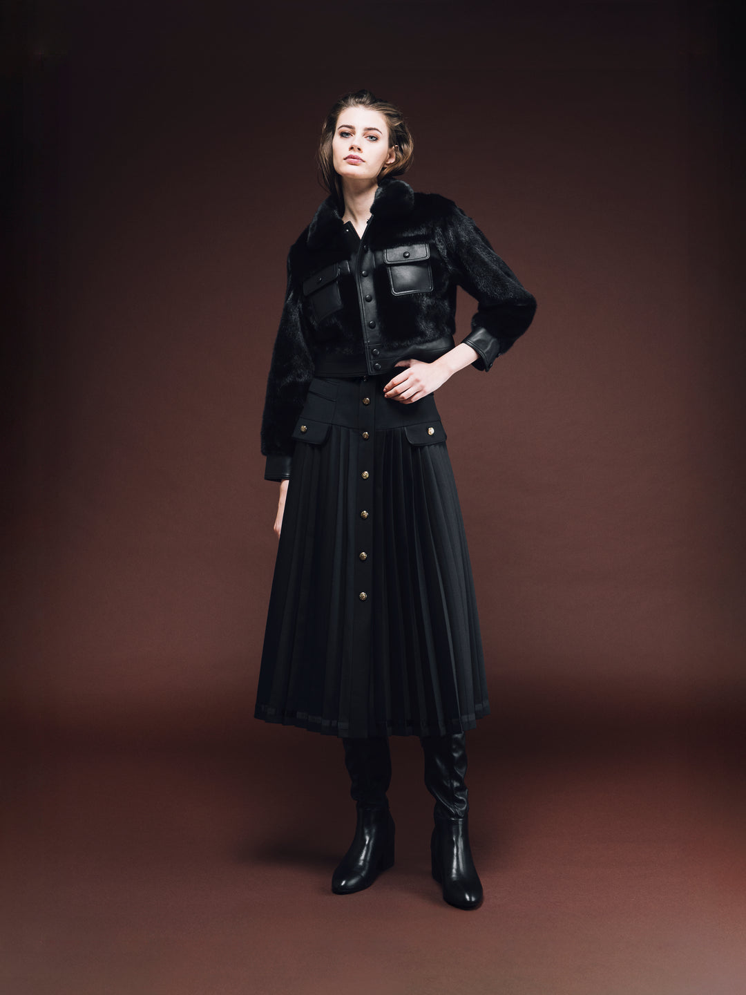 Black Pleated Wool-Blend Midi Skirt