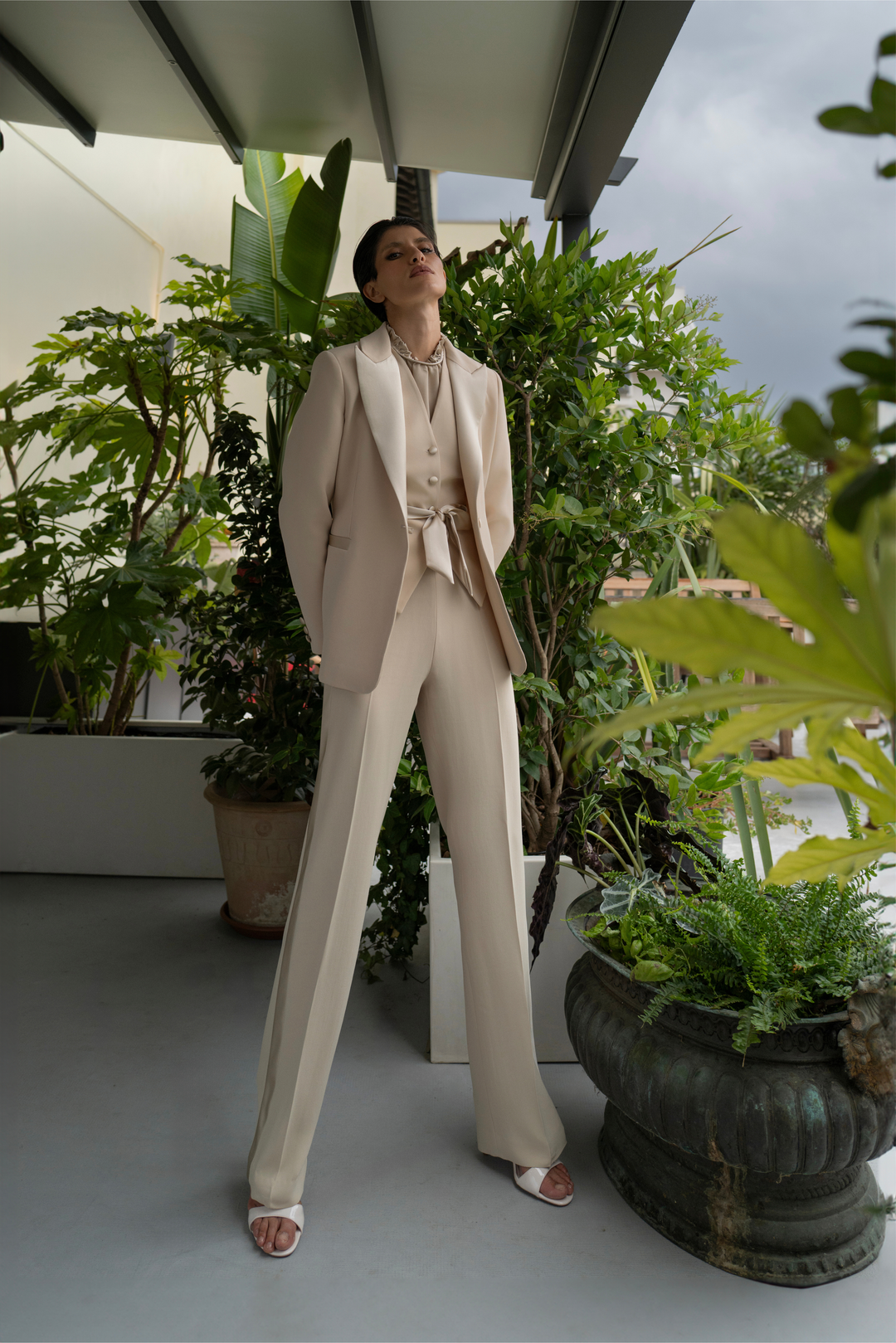 Beige Acetate Blend Jacket with Silk Detailing